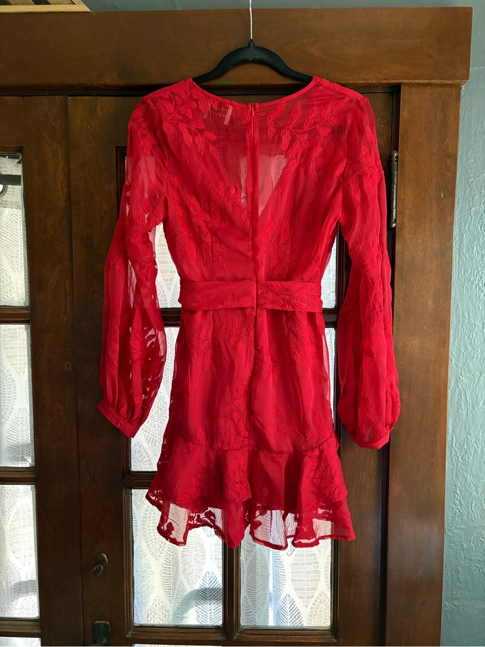 Hello Molly I Heard A Rumor Red Embroidered Long Sleeve Flounce Mini Dress US 6 - Picture 10 of 14